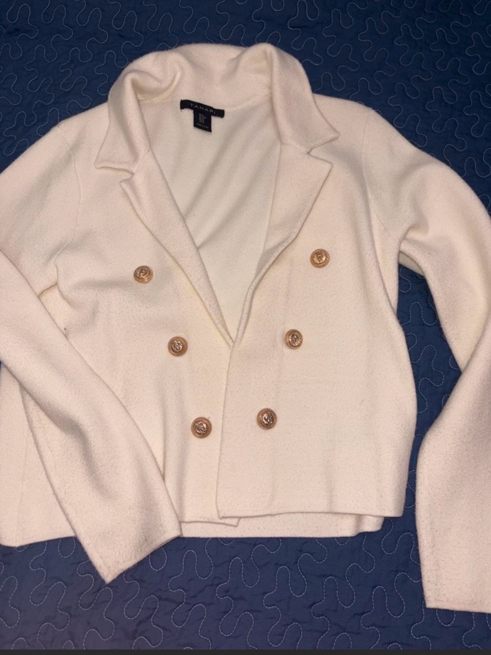 Tahari Cream Double-Breasted Blazer with Gold Buttons